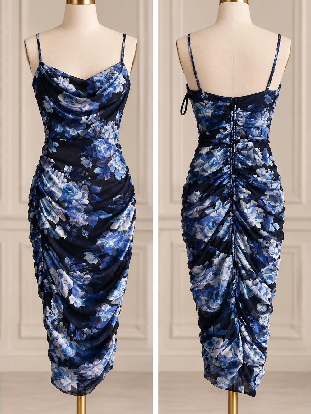 City Studio Navy Blue Floral Cowl Ruched Midi Dress